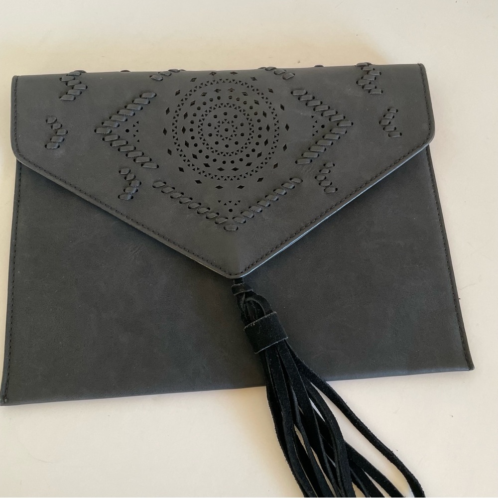 Anthropologie Black Leather Wallet Clutch With Tassel